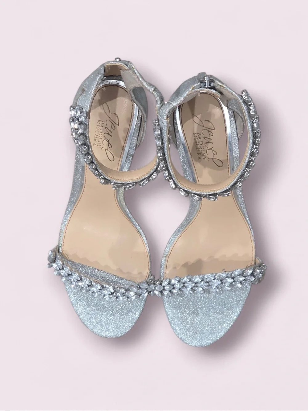 Jewel Badgley Mischka Silver Crystal-Embellished Ankle-Strap Heels